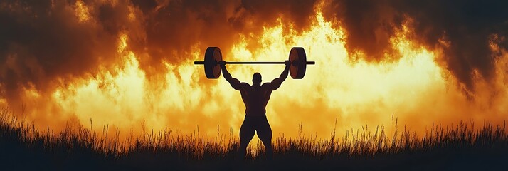 Weightlifter's Triumph: A silhouetted weightlifter raises a heavy barbell, a symbol of strength and determination, against a fiery sunset backdrop.