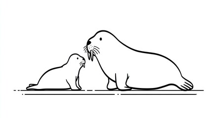 Black and white illustration of a walrus and its pup