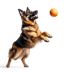 Playful Shepherd: A dynamic shot of a German shepherd mid-air, eyes locked on a bouncing ball, showcasing the agility and joy of a canine.