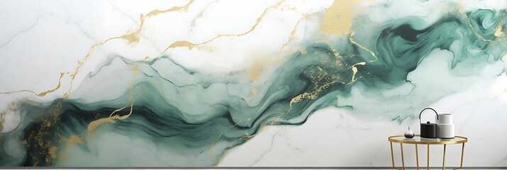 Abstract Watercolor Marble Art: A captivating artistic composition featuring flowing watercolor in shades of emerald green and gold, creating a luxurious and modern atmosphere for interior design. 