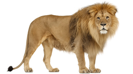 Obraz premium A majestic lion stands confidently, showcasing its thick mane and powerful physique.