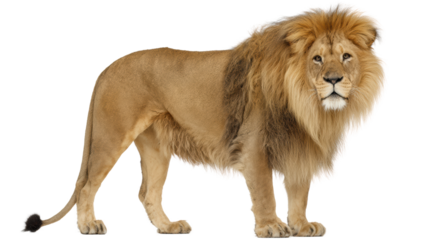 A majestic lion stands confidently, showcasing its thick mane and powerful physique.