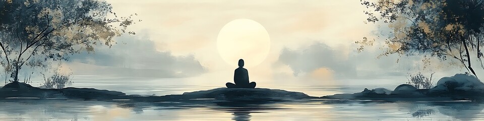 Zen Meditation by the Lake: A serene silhouette of a person in a meditative pose, against a backdrop of the setting sun, the scene evokes tranquility and inner peace by the lake.