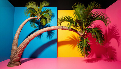 Studio shot features two arched palm trees set against sections of blue, yellow and pink walls with shadows cast, ideal for travel, advertising, or tropical themed projects.