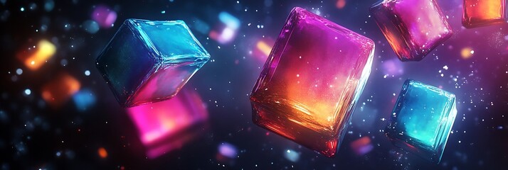Floating Cubes in the Cosmos: Dynamic cubes of varying colors and shapes dance amidst a vibrant celestial backdrop.