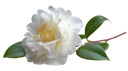 A delicate white camellia flower with lush green leaves showcasing its intricate petals and vibrant stamens.