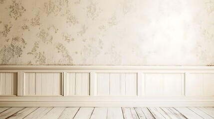 Empty Room Interior: An empty room interior showcases a textured wall paired with a panelled lower section, with a wooden floor, evoking a sense of calm and simplicity. 