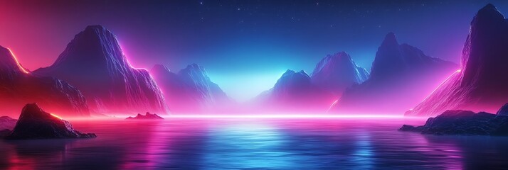 Luminous Landscape: A breathtaking panorama unfolds, with majestic mountain silhouettes bathed in vibrant hues of neon and reflected in a serene lake, capturing the magic of the night.