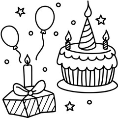 Whimsical Birthday Doodles Line Art Vector Hand-Drawn Party Elements Clipart