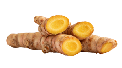 Fresh turmeric roots, showcasing their vibrant yellow interior and rough exterior, arranged in a cluster for a striking visual appeal.