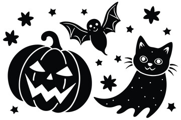 Fototapeta premium Cute halloween characters including a jack o lantern bat and black cat with stars