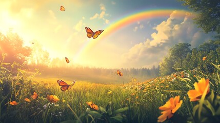 Enchanted Meadow of Butterflies and Rainbow: A picturesque meadow blossoms under a bright, sunny sky, where vibrant butterflies dance among the flowers, and a rainbow arcs across the horizon.