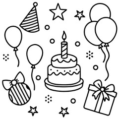 Whimsical Birthday Doodles Line Art Vector Hand-Drawn Party Elements Clipart