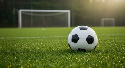 Fototapeta premium Classic Soccer Ball on a Dewy Pitch Bathed in Golden Morning Light.