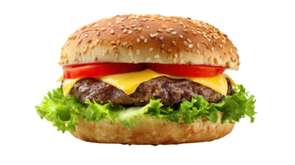 A delicious hamburger featuring a sesame seed bun, lettuce, tomato, cheddar cheese, and a juicy beef patty.