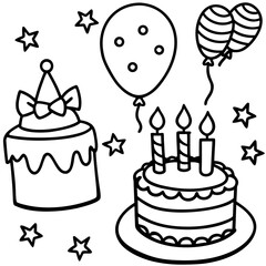 Whimsical Birthday Doodles Line Art Vector Hand-Drawn Party Elements Clipart