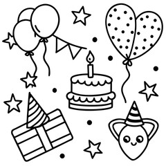 Whimsical Birthday Doodles Line Art Vector Hand-Drawn Party Elements Clipart