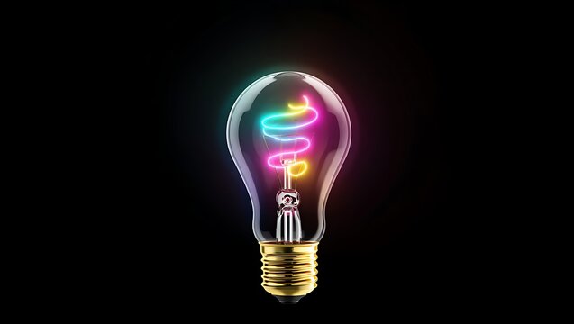 A vibrant glowing light bulb with a colorful spiral filament against a stark black background symbolizing innovation creativity and bright ideas - Powered by Adobe