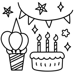 Whimsical Birthday Doodles Line Art Vector Hand-Drawn Party Elements Clipart