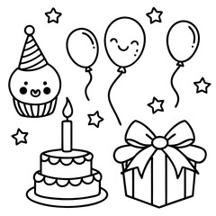 Whimsical Birthday Doodles Line Art Vector Hand-Drawn Party Elements Clipart