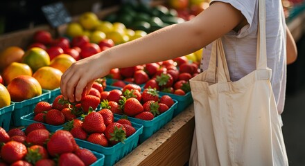 Woman's hand picking ripe red strawberries from a market stall. Fresh organic fruit shopping at local farmers market.