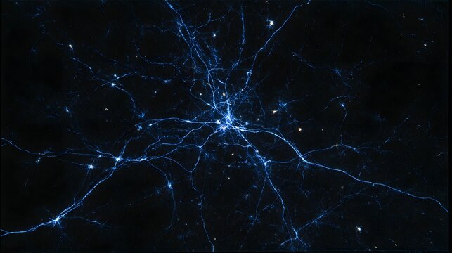 A neural stem cell dividing in midnight-blue tissue, resembling celestial star formation.