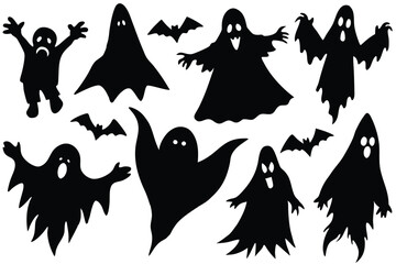 Collection of spooky black ghost and bat silhouettes for halloween