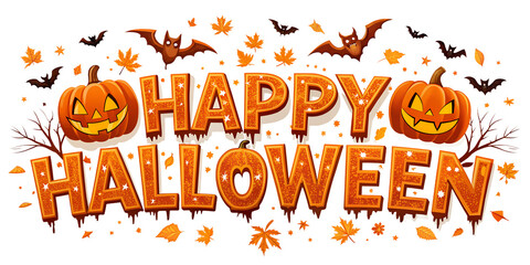 Happy halloween text with carved pumpkins, bats, autumn leaves, and spooky tree branches isolated on transparent background