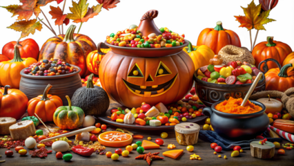 Festive halloween display with carved pumpkins, candy, autumn leaves, and fall harvest decorations isolated on transparent background