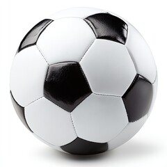 A soccer ball, white and black, sits centered on a white background