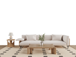 Contemporary living room sofa set with coffee table and lamp isolated on transparent PNG background with shadow