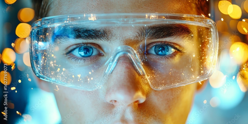 Poster close-up of mill operator focused on precision work with sparks and metallic dust in workshop