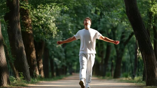 Man is walking in a park. He is wearing a white shirt and gray pants. He is looking up at the sky. patient doing gentle exercise in park after recovery, optimistic