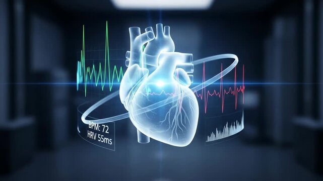Human heart hologram with medical data and real time graph for cardiology and health monitoring footage. - Powered by Adobe