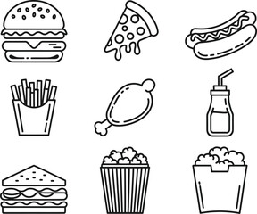 Collection of hand drawn fast food icons in outline style