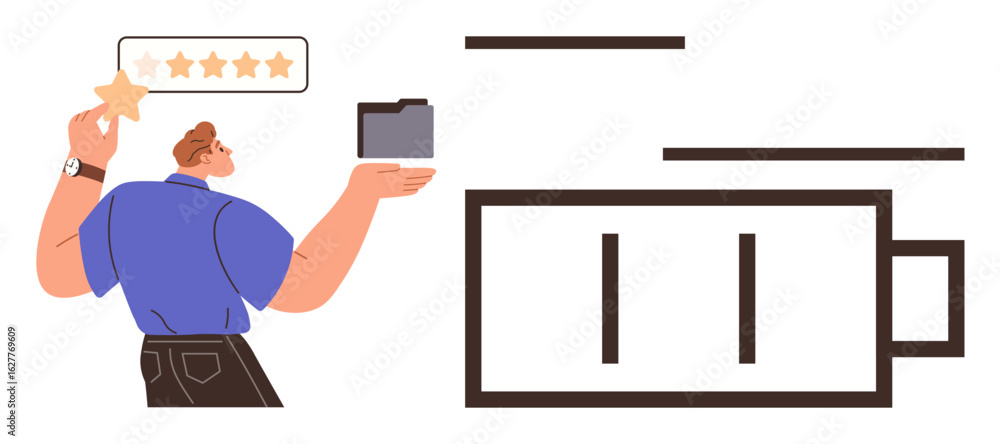 Poster man holding a five-star rating and a folder beside a battery icon, representing productivity, perfor
