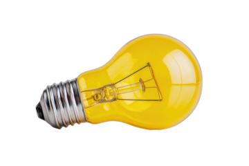A glowing yellow incandescent lightbulb, angled to the lower right, against a black background.  The glass is translucent, showing the inner filament.  The metal base is visible