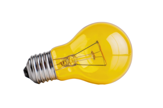 A glowing yellow incandescent lightbulb, angled to the lower right, against a black background.  The glass is translucent, showing the inner filament.  The metal base is visible