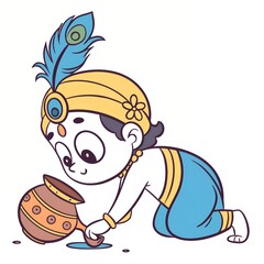 Cartoon illustration of baby krishna kneeling and spilling pot of liquid on white background
