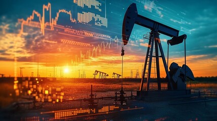 Silhouetted Oil Pump in Field at Sunset with Financial Infographics for Exploration and Refinement