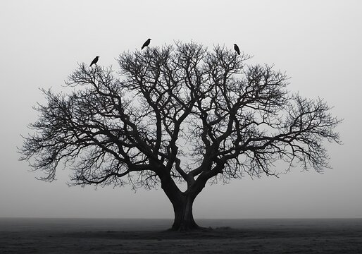 Silhouette of a bare tree with birds perched on its branches against a foggy sky - Powered by Adobe