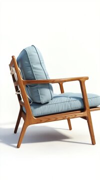 A mid-century modern lounge chair with a sleek solid wood frame and plush light blue cushions, photorealistic, isolated on a clean white studio background, studio lighting, sharp details, high resolut