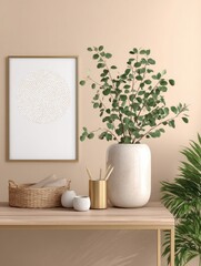 Beige room, art print, plant, and accessories on a wooden table