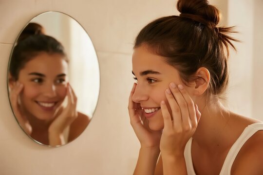 A beautiful young woman smiling and touching her face while looking at her reflection in the mirror.