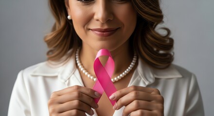 Woman holding pink ribbon for breast cancer awareness