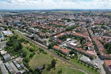 Prostejov old town historical city center in aerial panoramic view Moravia Czech republic