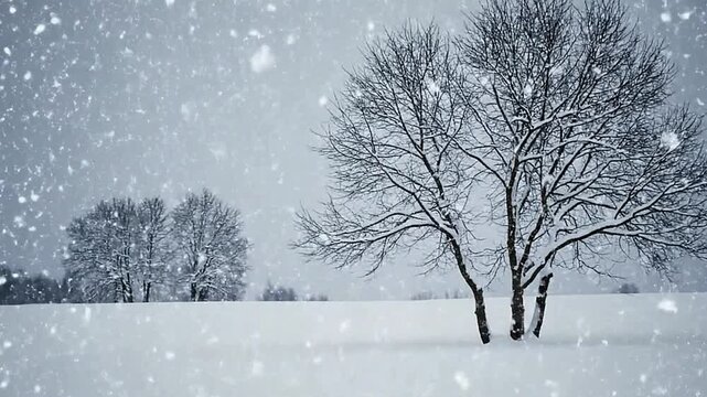 Snowy landscape with barren trees in a field during a snowstorm