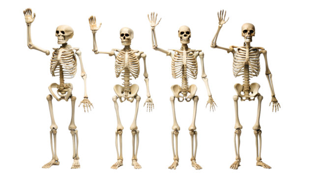 Four human skeletons waving hello, isolated on transparent background