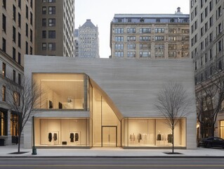 Modern, light-filled storefront nestled between tall city buildings