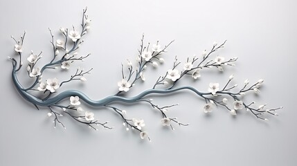 Cherry blossom branch with white flowers on a light gray background